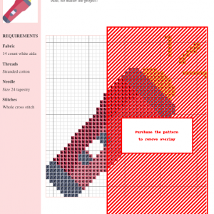 Cross stitch pattern of a red flashlight with a yellow bulb, emitting light rays. Simple, charming design perfect for beginners.