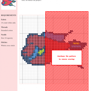 Cross stitch pattern featuring a whimsical red fish with blue and yellow fins, perfect for beginner to intermediate stitchers.