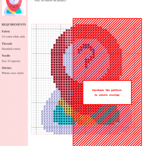 Cross stitch pattern of a cute, cartoon map pin with a question mark, featuring red, teal, and yellow colors.