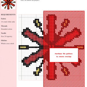 Cross stitch pattern depicting a stylized red lily or flower with a burst design, featuring wavy petals and yellow accents.