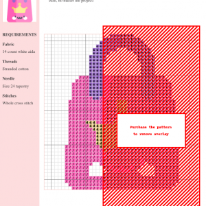 Cross stitch pattern depicting a cute pink gift bag with a golden crown and kawaii face.