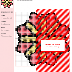 Image of a dahlia cross stitch pattern featuring a stylized flower with coral pink petals and yellow center.