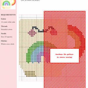 Cross stitch pattern featuring a cute kawaii mug with a rainbow design and handle.
