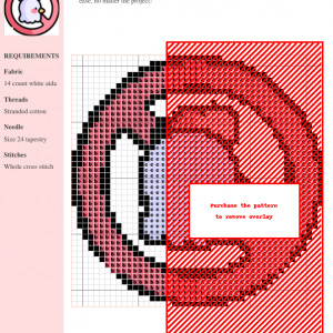 Cross stitch pattern depicting a cute, stylized chicken head within a pink circle, symbolizing 'no chicken'.