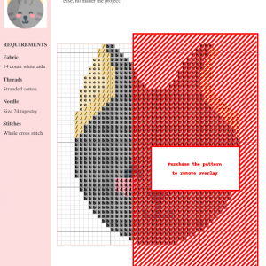 Cross stitch pattern featuring a charming, stylized Egyptian Mau cat with gray fur, pink cheeks, and pale yellow ears.