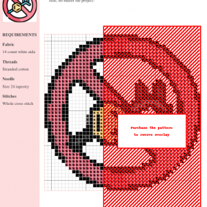Cross stitch pattern design depicting a key with a hexagon shape attached, crossed out within a red circle, signifying a 'no parabens' concept.