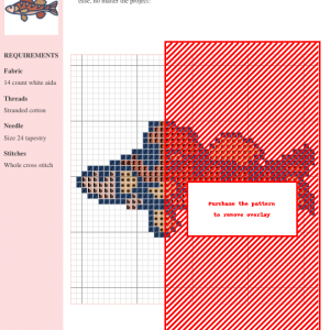 Cross stitch pattern of a perch fish, featuring reddish-brown and tan colors on a white background.
