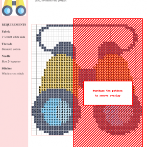 Image of a cross-stitch pattern depicting a pair of yellow binoculars with blue lenses.