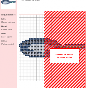 Cross stitch pattern depicting a cute, cartoon-style frying pan with a teal handle.
