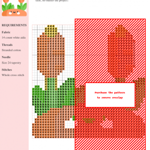 Cross stitch pattern featuring a charming, cartoonish carrot creature with two upright carrot-like appendages and green leaves.