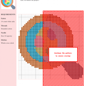 Cross stitch pattern featuring a colorful Easter egg inside a magnifying glass, perfect for spring crafting.