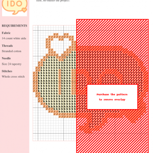 Cross stitch pattern featuring a pale yellow speech bubble with 'I DO' in orange text, accented by two small pink hearts.