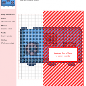 Cross stitch pattern depicting a blue cooking stove with three burners. A charming and simple design perfect for kitchen décor.