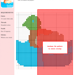 Cross stitch pattern featuring a cute duck swimming in blue water. The duck is depicted in shades of green, orange, and white.