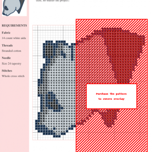 Cross stitch pattern featuring a charming profile of a panda bear, in shades of gray and black.
