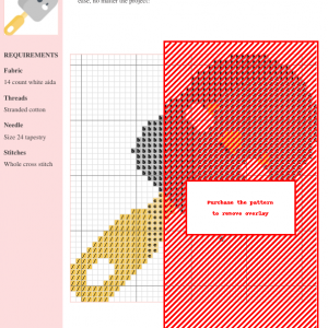 Cross stitch pattern of a cute, cartoon-style grey shovel with a light brown wooden handle.