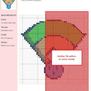 Cross stitch pattern of a baseball diamond with a baseball in the center. Features green outfield, brown infield, and a light blue home plate.