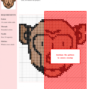 Cross stitch pattern featuring a charming monkey head design in brown and black.