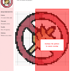 Image of a cross stitch pattern design featuring a gluten-free symbol: a red circle with a diagonal line through a wheat stalk.