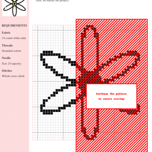 Cross stitch pattern featuring a stylized jasmine flower with six petals, a yellow center, and black outlines.