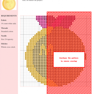 Cross stitch pattern depicting a gold medal with pink ribbon and 'MIS 15' inscribed.