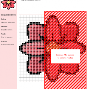 Image of a clematis cross stitch pattern featuring a stylized pink flower with a yellow center, perfect for needlework and embroidery projects.