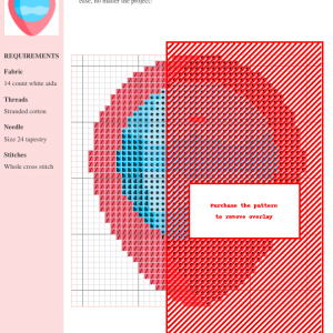 Cross stitch pattern depicting a cute, smiling location pin with a blue and white striped center.