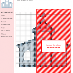 Cross stitch pattern depicting a charming church with pastel pink roof and light blue accents.