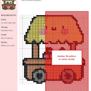 Cross stitch pattern depicting a charming, kawaii-style food stall with a yellow roof, wooden cart, and simple food items.
