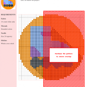Image of a cross-stitch pattern depicting a vibrant roller skate in shades of purple and blue on a warm orange background.