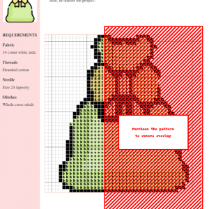 Cross stitch pattern depicting a light green gift bag tied with a yellow bow. Perfect for beginners and experienced stitchers alike.