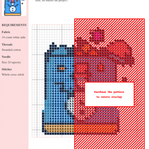 Cross stitch pattern of a blue gift bag overflowing with festive items including a snowman, presents, a Santa hat, and a star.