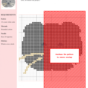 Cross stitch pattern featuring a charming grey Scottish Fold cat with happy expression and prominent whiskers.