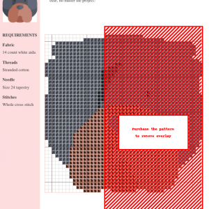 Cross stitch pattern of a cute Tibetan Mastiff dog, featuring shades of gray and reddish-brown.