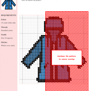 Cross stitch pattern design of a blue hooded jacket. The pattern shows a detailed illustration of a jacket with a hood, zipper, and pockets.