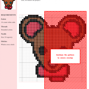 Cross stitch pattern featuring a charming brown mouse with bright blue eyes and a red scarf.
