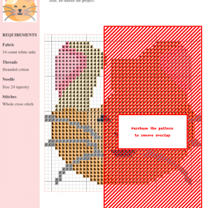 Cross stitch pattern of a cute tortoiseshell cat with pastel orange, cream, and pink coloring. The design features a simplified, charming cat face.