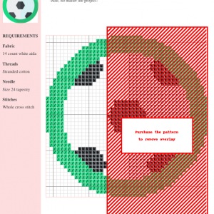 Image of a cross-stitch pattern depicting a soccer ball in black, white, and green.