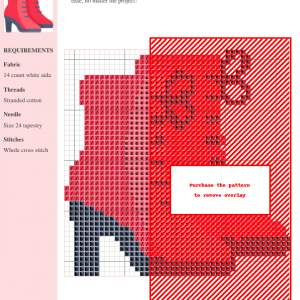 Cross stitch pattern depicting a pair of red high-heeled ankle boots with dark grey laces.