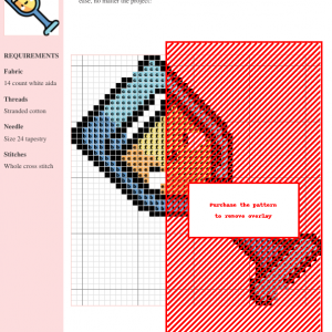 Cross stitch pattern of a charming, cartoon-style champagne glass with a smiling face, featuring light blue and yellow colors.