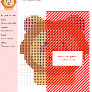 Image of a cross stitch pattern depicting a cute cartoon lion with orange and pink colors.