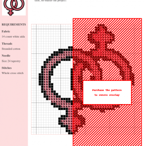 A cross-stitch pattern depicting two intertwined female symbols, representing lesbian pride and love, in a soft pink color.