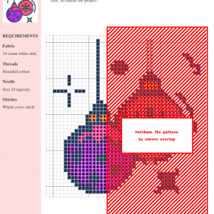 Image of a cross stitch pattern featuring two hanging Christmas ornaments; one purple and one red, both with intricate details.