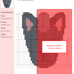 Image of a cross stitch pattern depicting the head of a Xoloitzcuintle dog, featuring grey and pink colorwork.