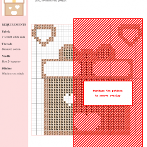 Cross stitch pattern depicting a cute gift box with hearts, perfect for beginners. Pastel color palette.