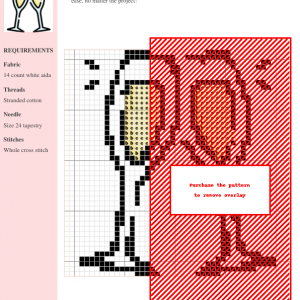 Cross stitch pattern depicting two champagne flutes clinking in a celebratory toast. Simple line art style with yellow champagne and light blue stems.