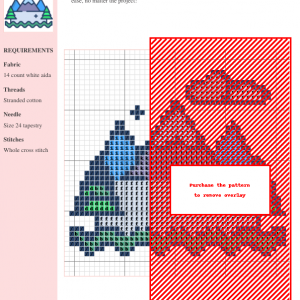 Cross stitch pattern depicting a tranquil mountain lake scene with snow-capped peaks, evergreen trees, and fluffy clouds.
