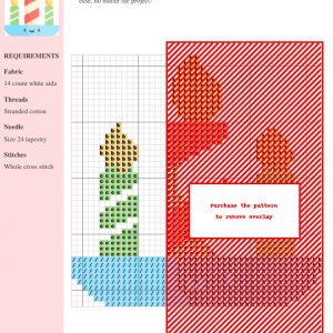 Cross stitch pattern featuring three candles on a plate; a large red and white striped candle in the center flanked by two smaller green candles with yellow flames. The plate has a cute smiling face.