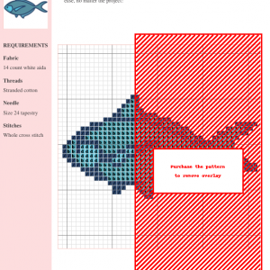 Cross stitch pattern of a cute, stylized blue fish with teal accents. Suitable for beginners.