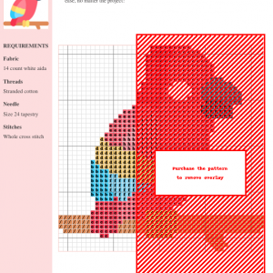 Image of a charming cross stitch pattern depicting a colorful parrot perched on a branch. The parrot features pink, yellow, light blue and dark grey accents.
